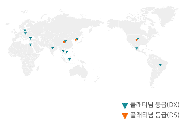 폐기물 매립 제로 검증 등급 현황을 세계 지도에 나타낸 이미지로, 주황색 점 패턴 역삼각형은 DS부문 플래티넘 등급, 청록색 사선 패턴 역삼각형은 DX부문 플래티넘 등급 사업장을 의미하며, 플래티넘 등급 사업장은 한국, 중국, 인도, 브라질, 폴란드, 이집트, 베트남, 멕시코, 인도네시아, 태국, 미국, 터키에 위치하고, 골드 등급 사업장은 한국 구미와 베트남 호찌민, 헝가리, 말레이시아에 위치해 있다.